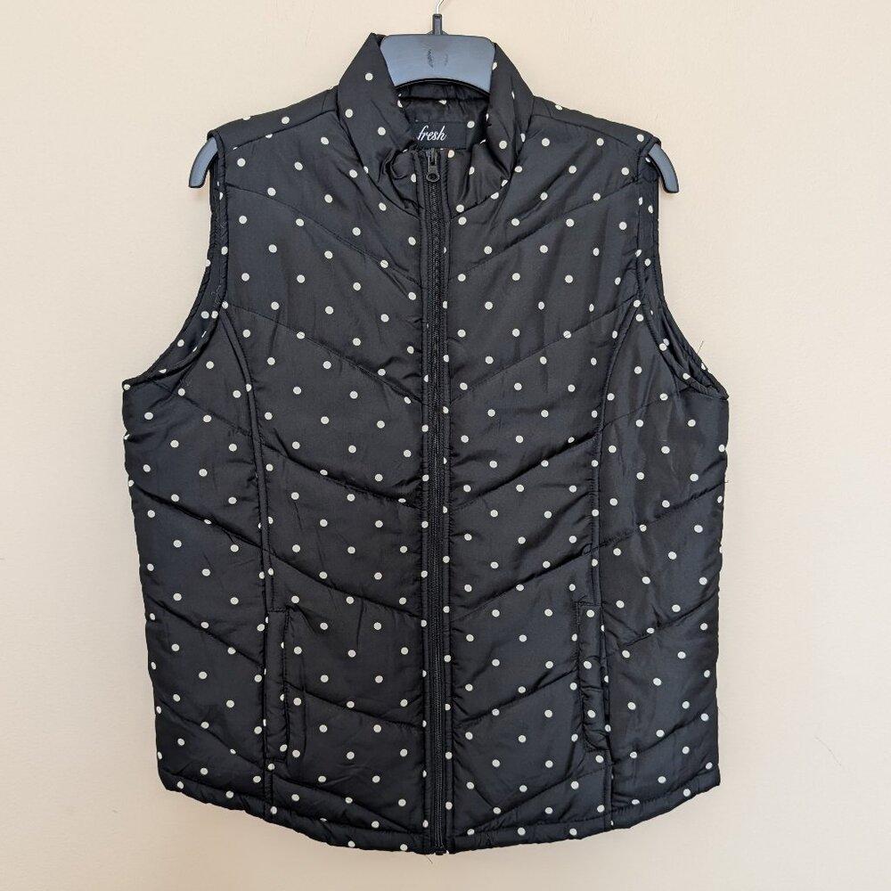 fresh black and white polka dots full zip quilted puffer vest XL EUC